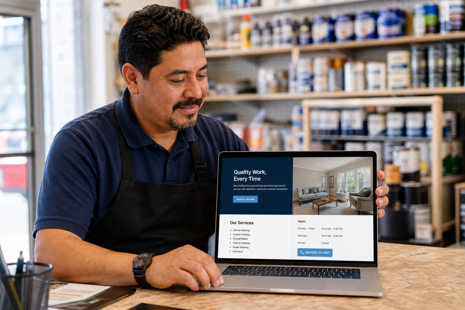A shop owner at his counter looking at a laptop that shows his business website.