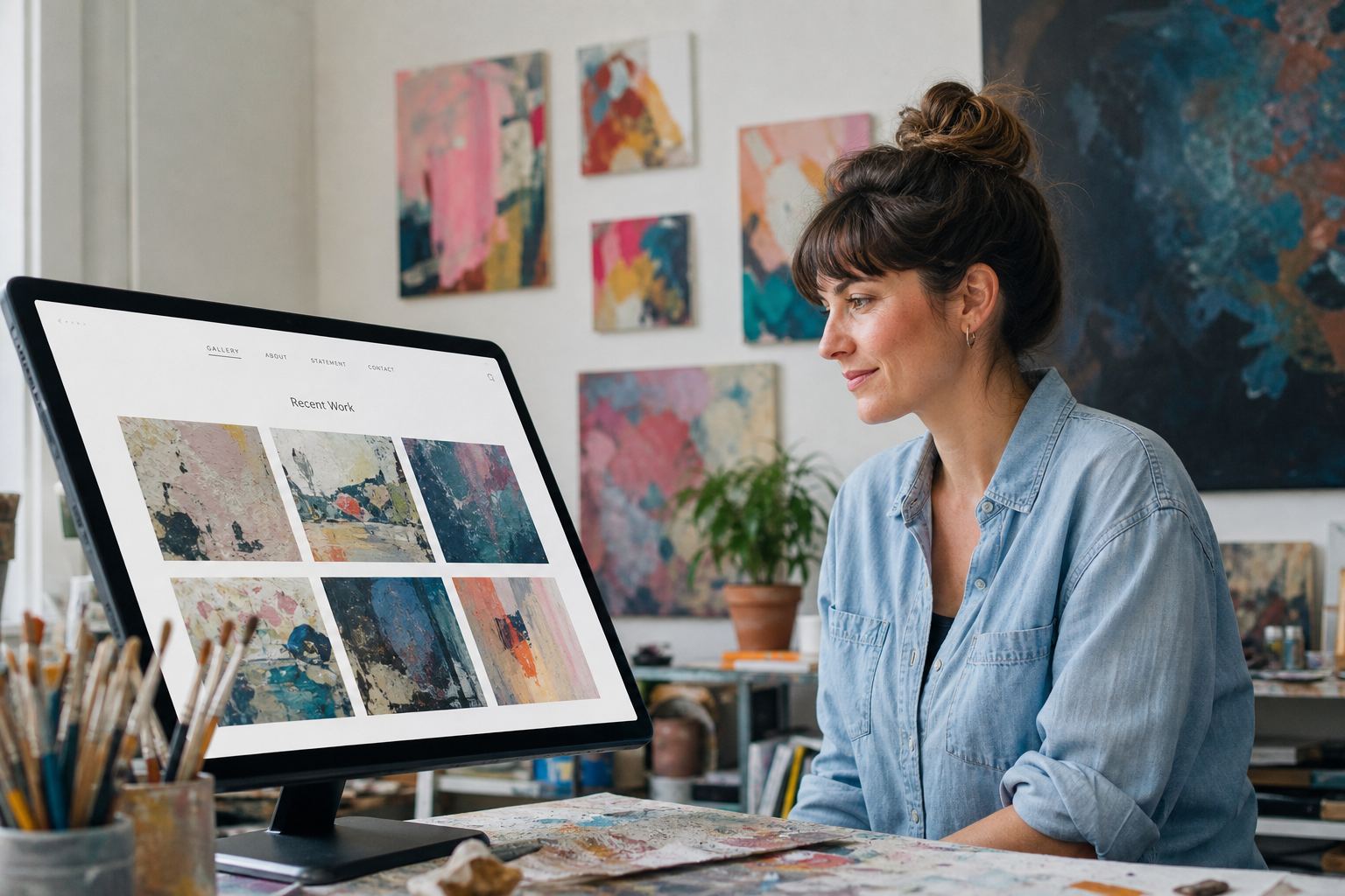 An artist in her studio looking at a tablet that shows her portfolio website beside her paintings.