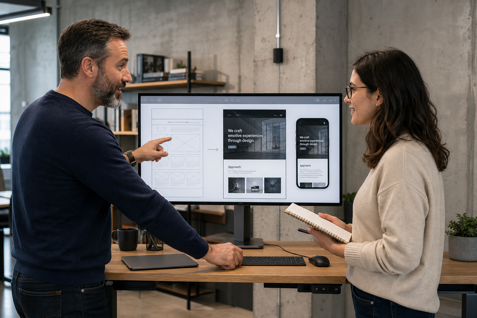 A designer and a client standing at a studio desk, reviewing a website layout and phone preview on a large screen.