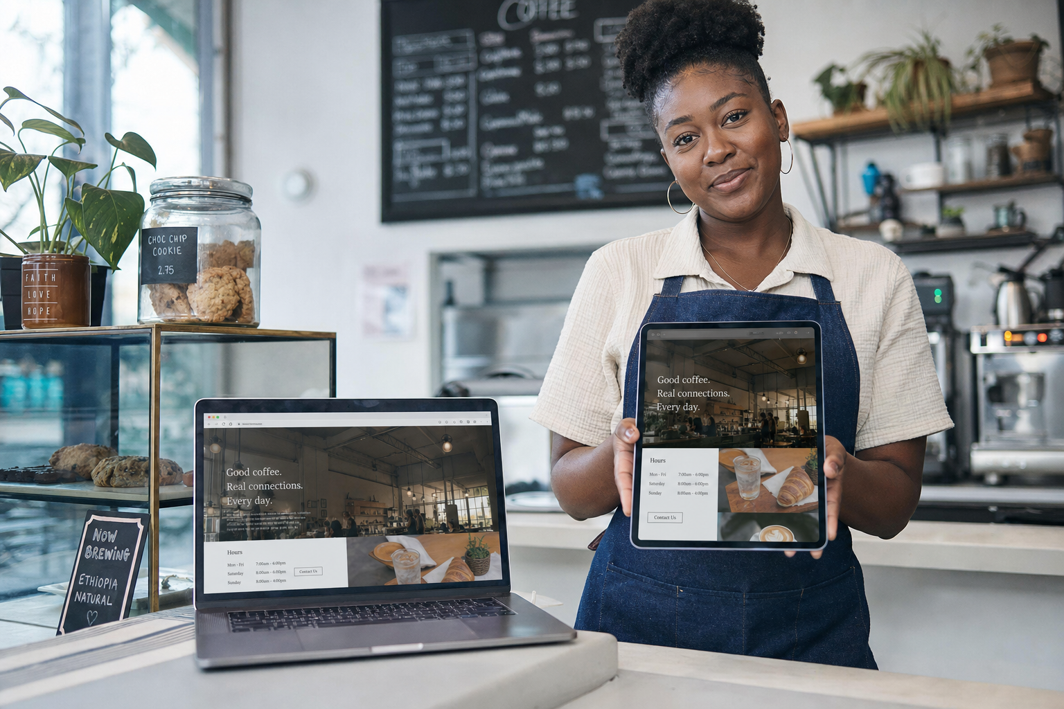 A café owner with a tablet showing her shop’s website, a laptop on the counter open to the same site.